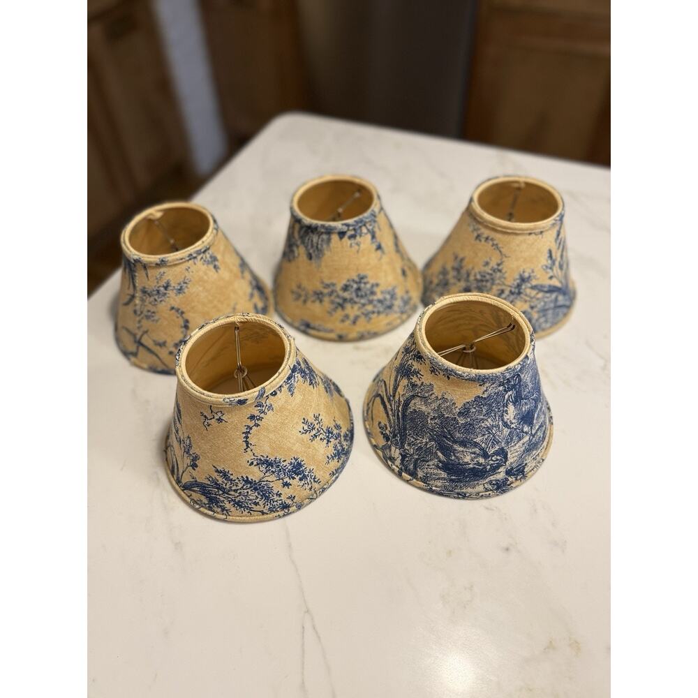 Set of 5 Pierre Deux French Country Yellow & Blue Toile Clip-On Lamp Shades
